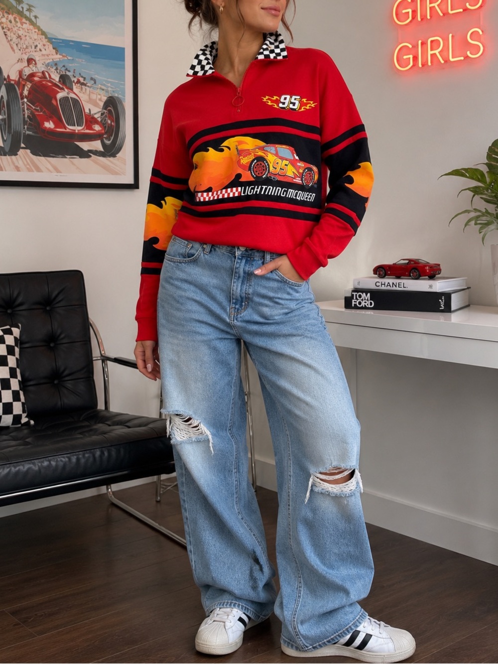 Pixar Cars Lightning McQueen Racing Sweatshirt Y2K Moto Quarter Zip S